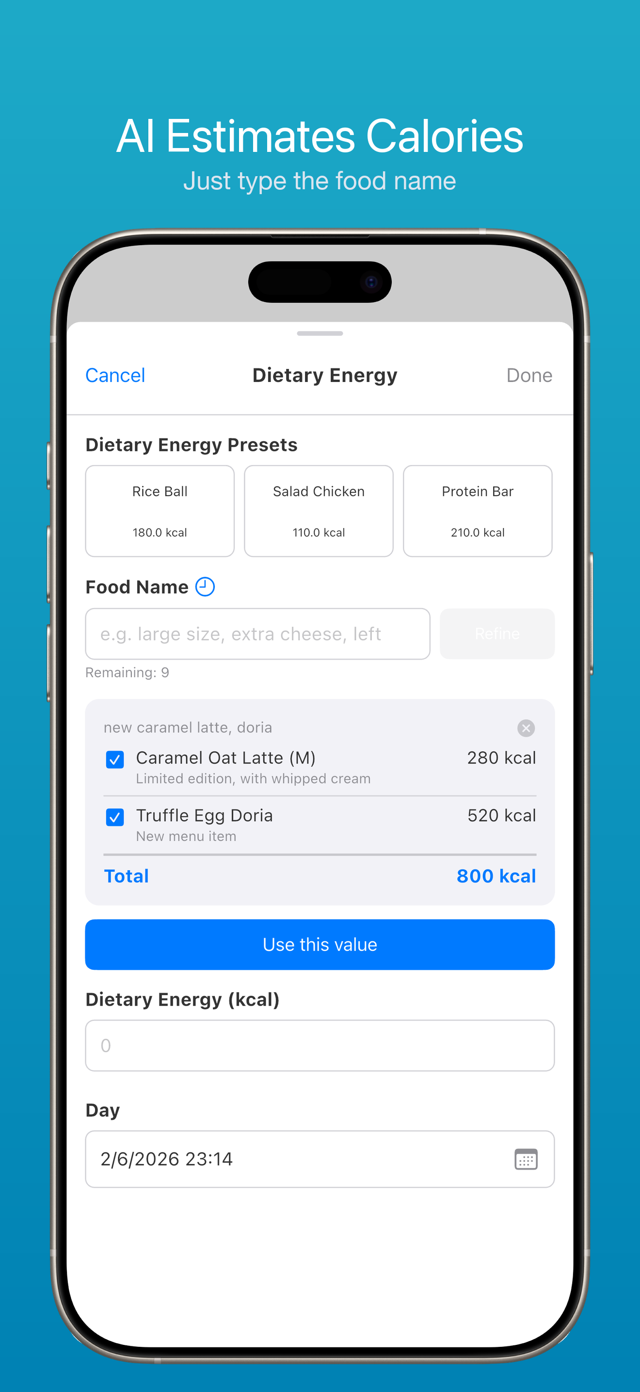 AI calorie estimation input