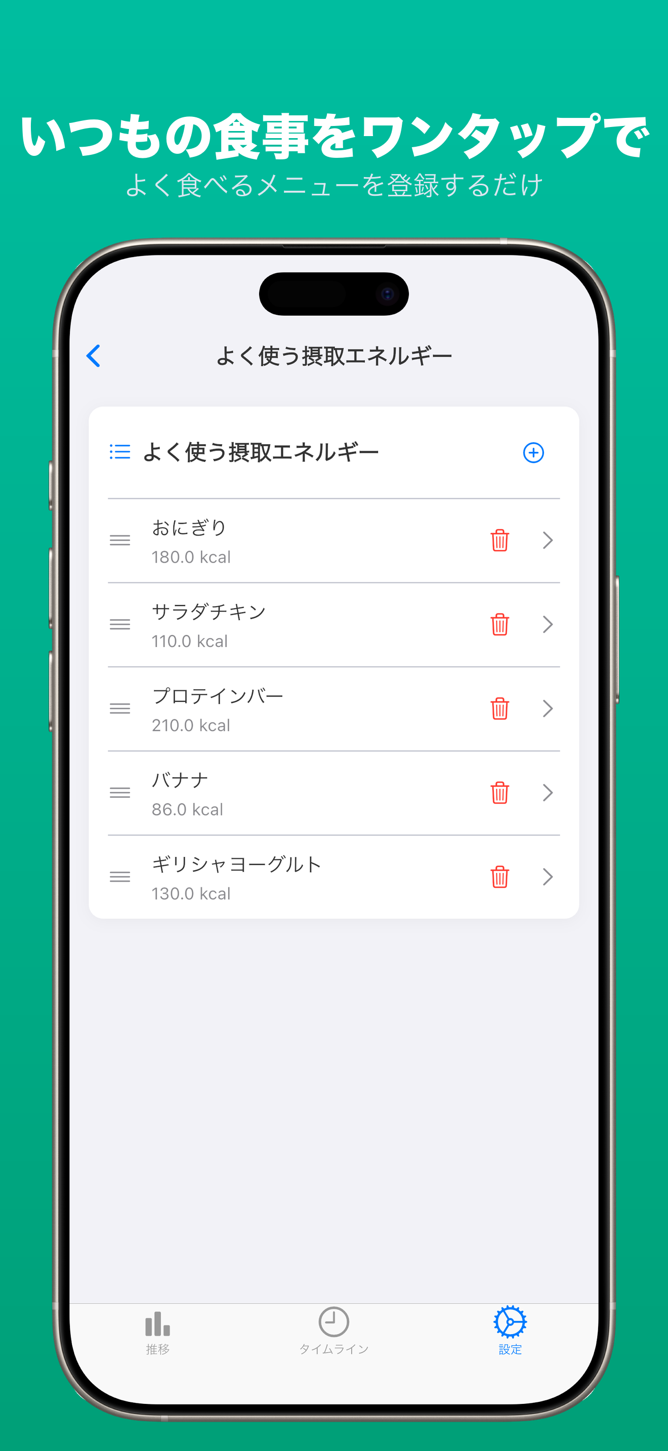プリセットお気に入り画面 — よく食べるメニューをワンタップで記録