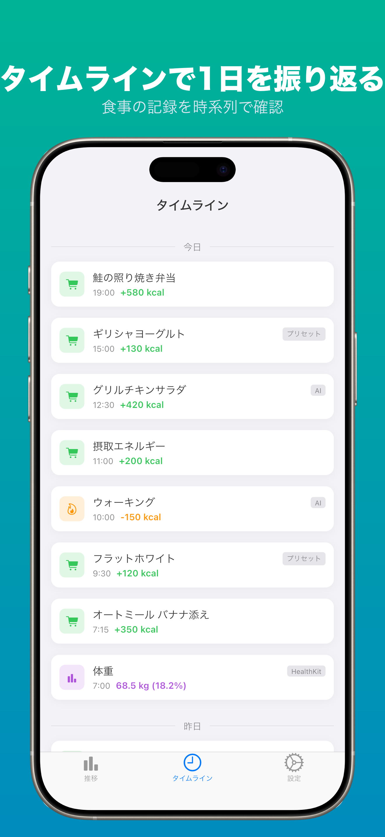 タイムライン画面 — 食事・運動・体重の記録を時系列表示