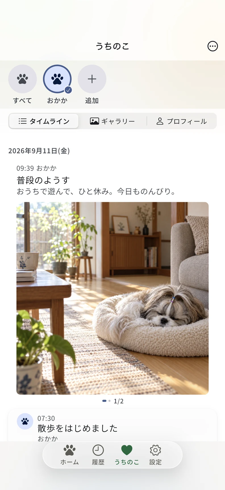 おうちでの記録も、愛犬別タイムラインへ